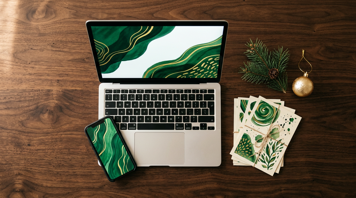 A laptop and phone showing green and gold seasonal artwork on a wooden desk, beside wrapped postcards, a pine sprig and a gold ornament