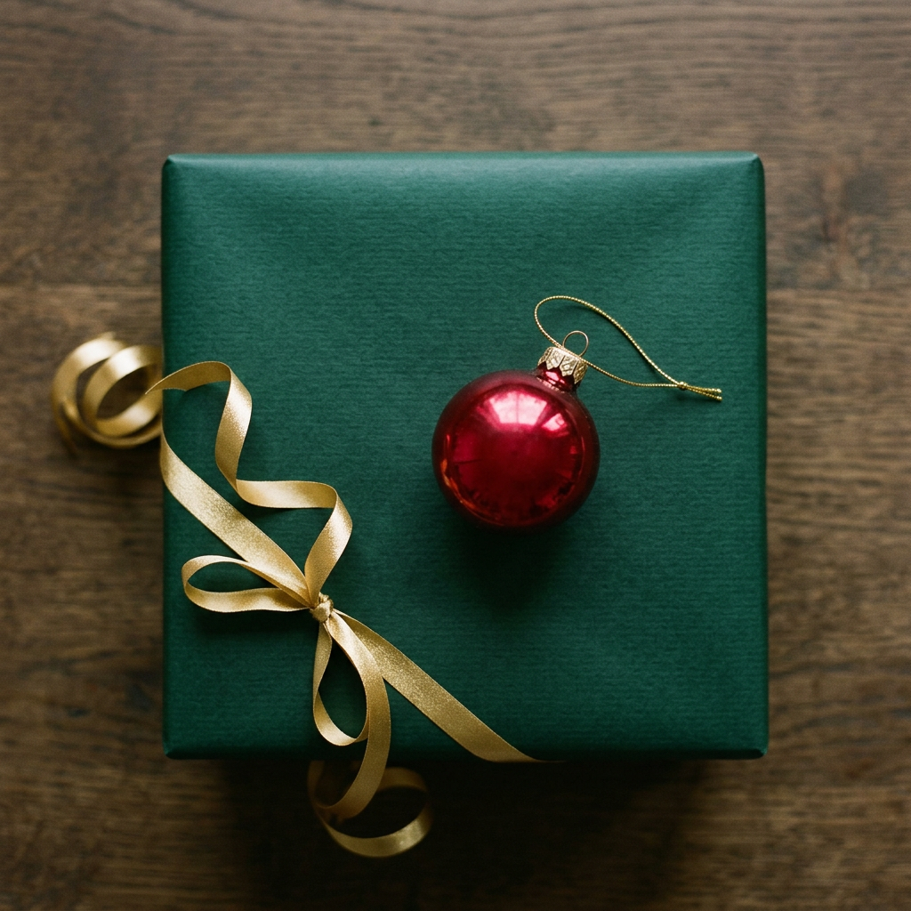 A wrapped gift with a gold ribbon and a red glass ornament, sample festive artwork