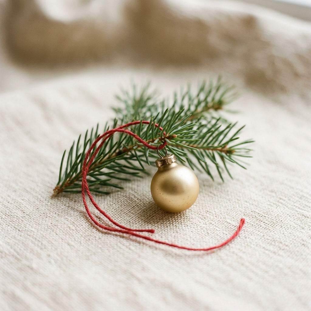 A small gold ornament tied with red string to a fresh pine branch