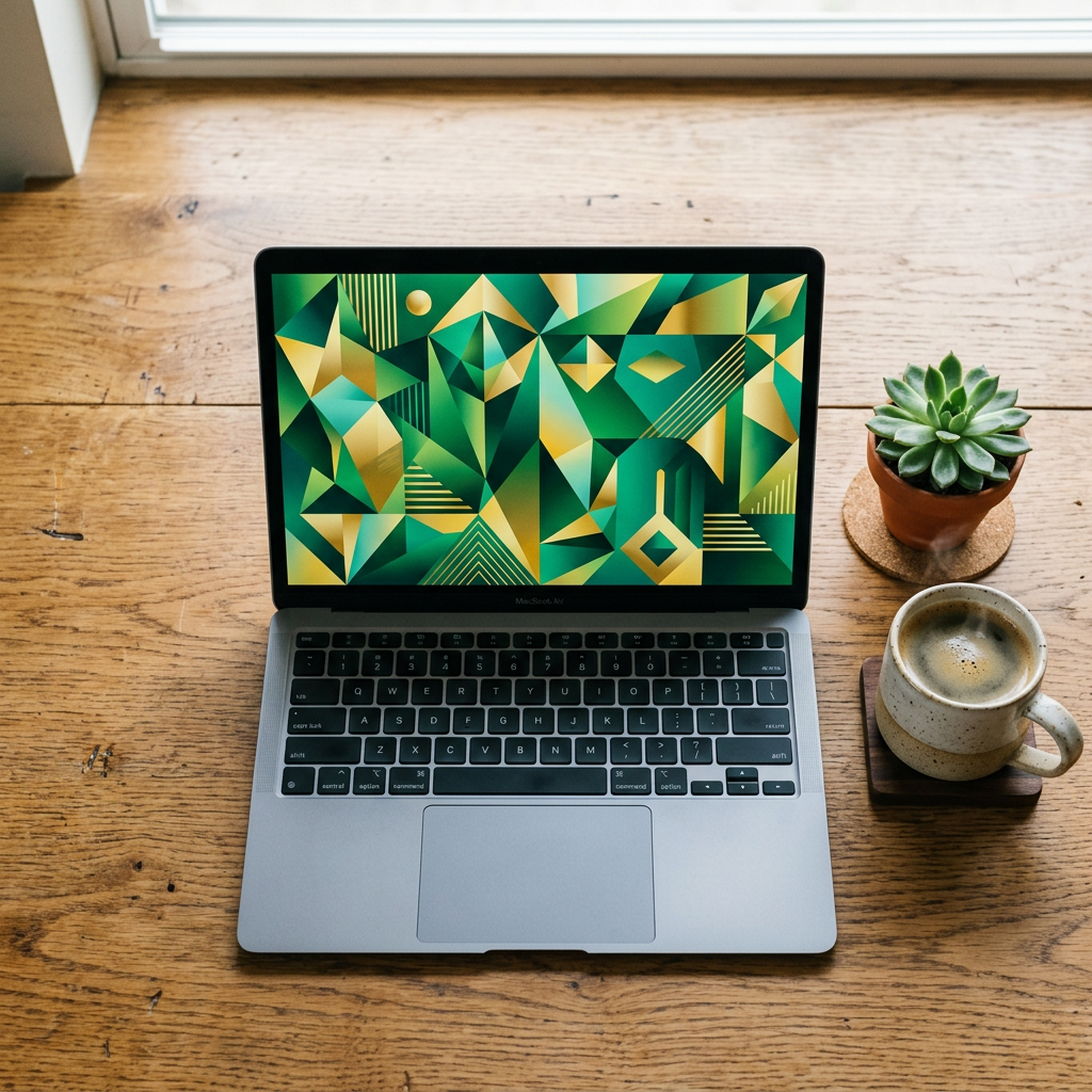 A laptop showing an abstract green and gold geometric wallpaper on a wooden desk